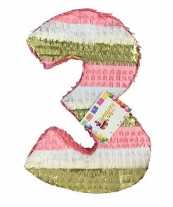 APINATA4U Childrens Large Number Three Pinata Gold, White And Pink Color