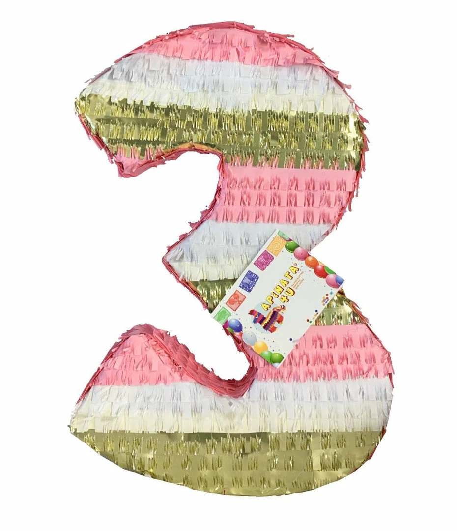APINATA4U Childrens Large Number Three Pinata Gold, White And Pink Color 3 APINATA4U Childrens Large Number Three Pinata Gold, White And Pink Color