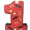 APINATA4U Childrens Large Number One Pinata Red Color With Mustache And Hearts Decorations
