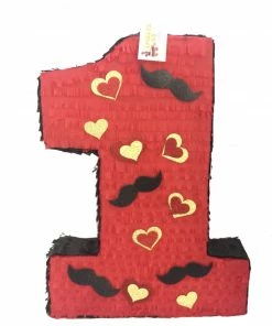 APINATA4U Childrens Large Number One Pinata Red Color With Mustache And Hearts Decorations