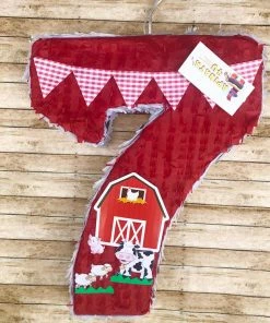 APINATA4U Barnyard Themed Number Seven Pinata Red Color For Second Birthday Farm Decoration Childrens