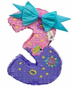 APINATA4U Number Three Pinata Super Hero Theme With Pink Bow