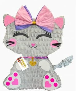 APINATA4U Cute Kitty Cat Pinata Birthday Gray Color With Pink Bow