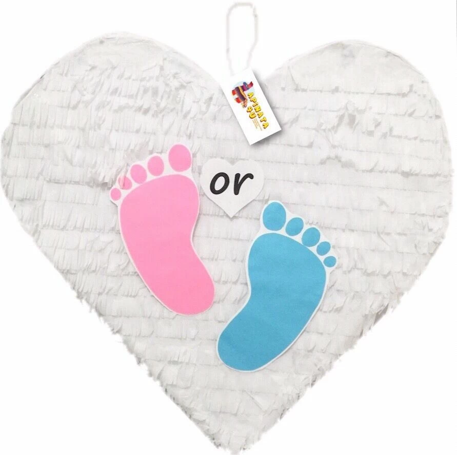Childrens APINATA4U White Heart Pinata With Pink And Blue Footprints For Gender Reveal 3 Childrens APINATA4U White Heart Pinata With Pink And Blue Footprints For Gender Reveal