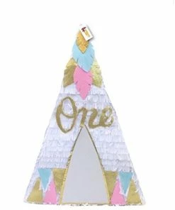 APINATA4U White Teepee Pinata With Gold, Light Blue And Pink Detail For First Birthday Childrens