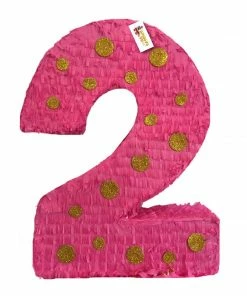 APINATA4U Hot Pink & Gold Polka Dots Number Two Pinata Childrens