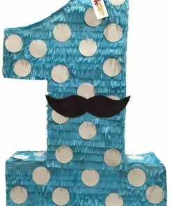 APINATA4U Childrens Large Number One Pinata Light Blue With Mustache 24" Tall