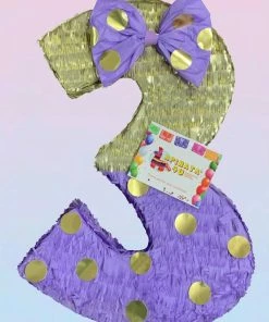 APINATA4U Large Number Three Piñata Lavender & Gold Color Third Birthday Photo Prop Third Birthday Party Decoration
